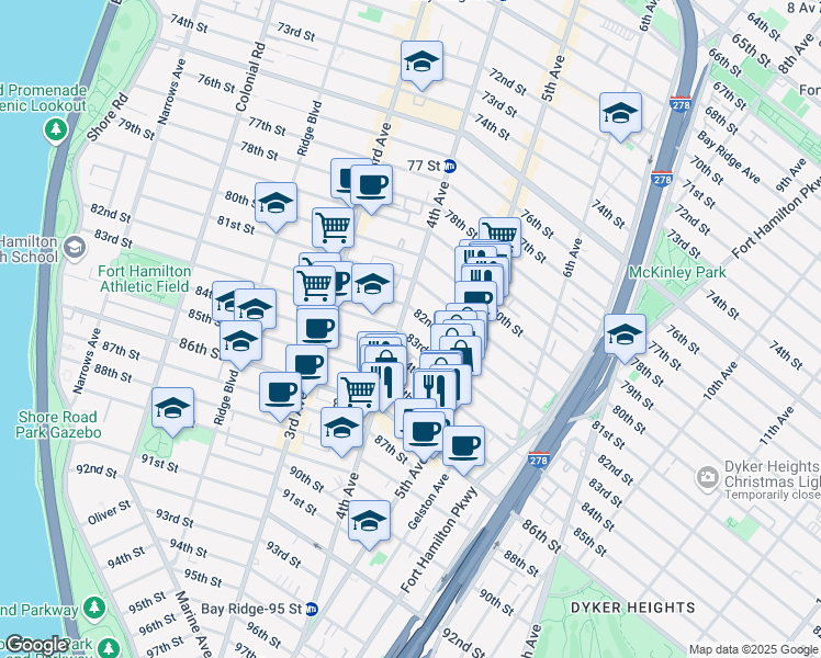 map of restaurants, bars, coffee shops, grocery stores, and more near 8215 4th Avenue in Brooklyn