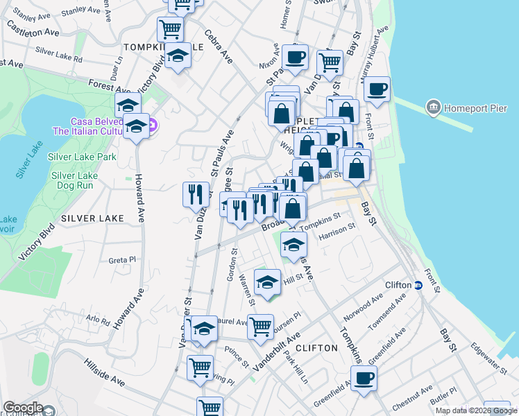 map of restaurants, bars, coffee shops, grocery stores, and more near 15 Hudson Street in Staten Island