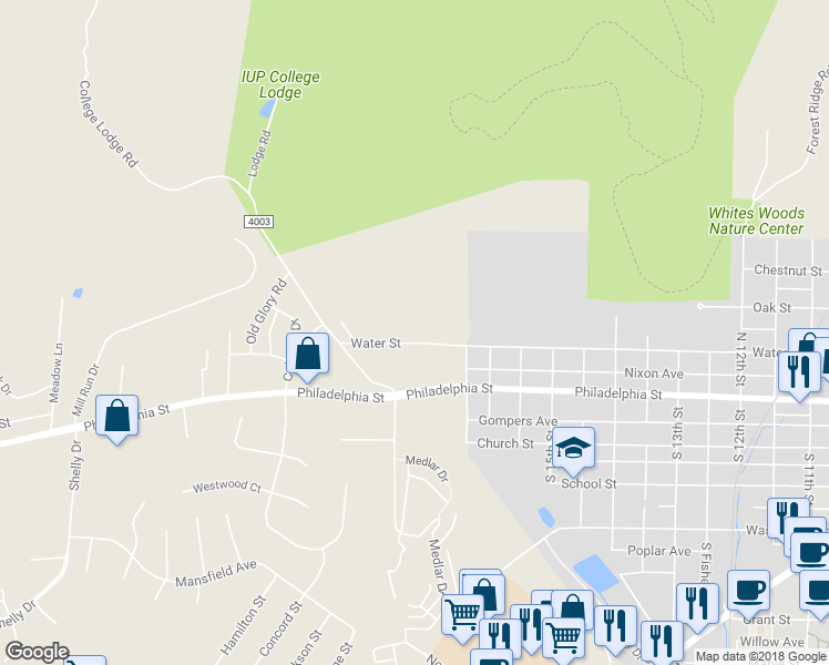 map of restaurants, bars, coffee shops, grocery stores, and more near 1735 Water Street in Indiana