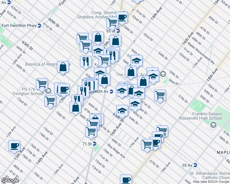 map of restaurants, bars, coffee shops, grocery stores, and more near 1462 62nd Street in Brooklyn