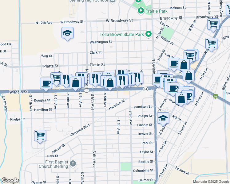 map of restaurants, bars, coffee shops, grocery stores, and more near 332 Douglas Street in Sterling