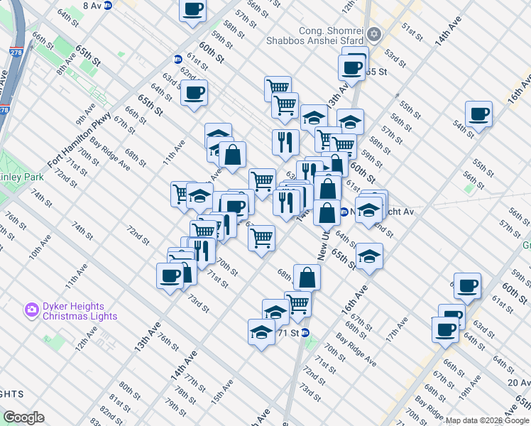 map of restaurants, bars, coffee shops, grocery stores, and more near 1329 66th Street in Brooklyn
