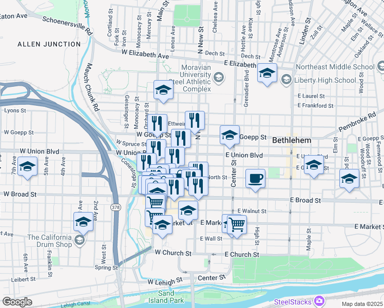 map of restaurants, bars, coffee shops, grocery stores, and more near 28 West Garrison Street in Bethlehem