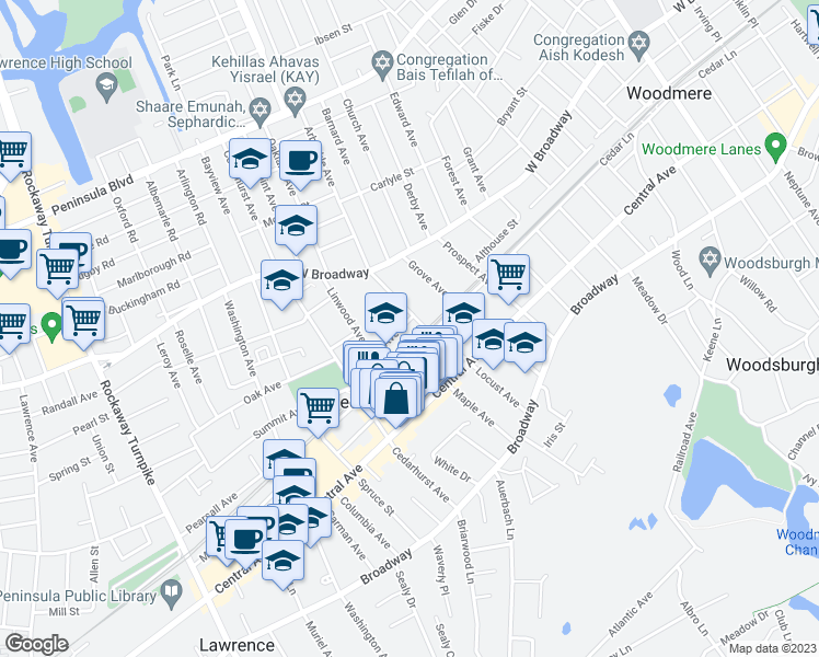 map of restaurants, bars, coffee shops, grocery stores, and more near 597 Park Avenue in Cedarhurst