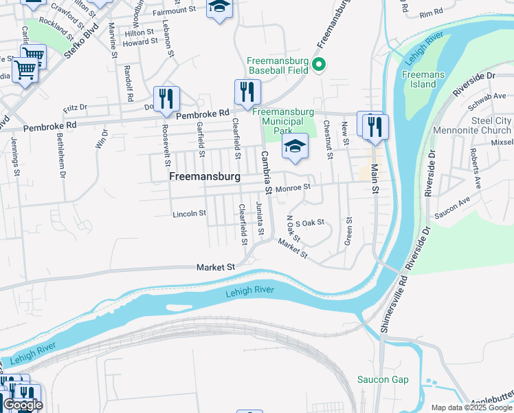 map of restaurants, bars, coffee shops, grocery stores, and more near 203 Juniata Street in Freemansburg