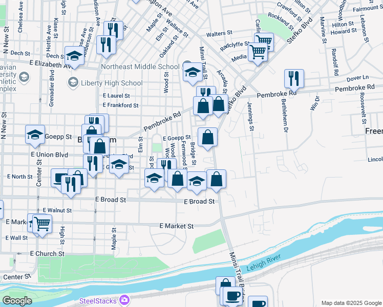 map of restaurants, bars, coffee shops, grocery stores, and more near 801 Bridge Street in Bethlehem