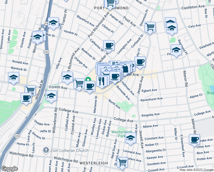map of restaurants, bars, coffee shops, grocery stores, and more near 1431 Forest Avenue in Staten Island
