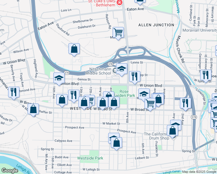 map of restaurants, bars, coffee shops, grocery stores, and more near 1107 West Union Boulevard in Bethlehem