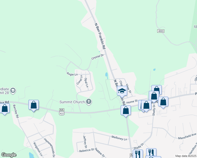 map of restaurants, bars, coffee shops, grocery stores, and more near 42 Wolf Run Drive in Indiana