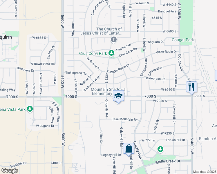map of restaurants, bars, coffee shops, grocery stores, and more near 6943 Clernates Drive in West Jordan