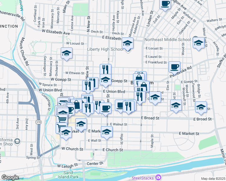 map of restaurants, bars, coffee shops, grocery stores, and more near 115 East Union Boulevard in Bethlehem