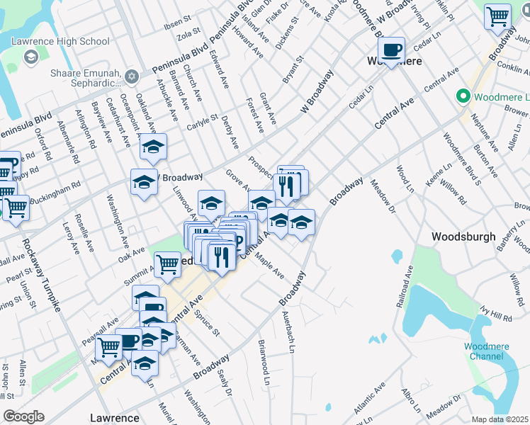map of restaurants, bars, coffee shops, grocery stores, and more near 124 Locust Avenue in Cedarhurst