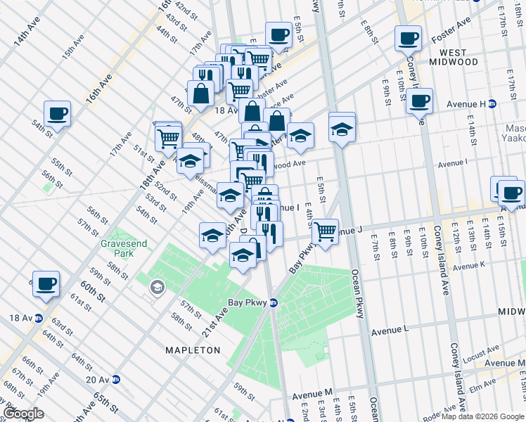 map of restaurants, bars, coffee shops, grocery stores, and more near 1189 McDonald Avenue in Brooklyn