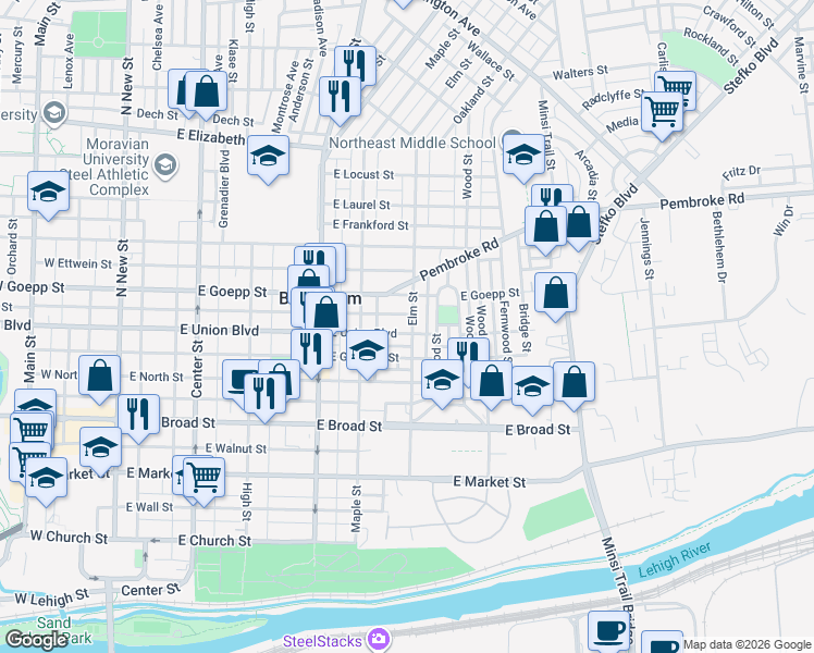 map of restaurants, bars, coffee shops, grocery stores, and more near 445 East Union Boulevard in Bethlehem
