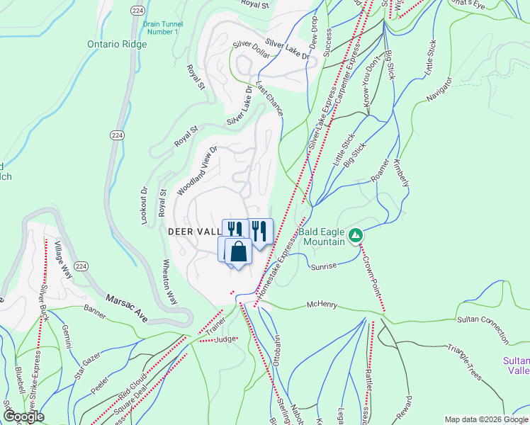 map of restaurants, bars, coffee shops, grocery stores, and more near 7900 Royal Street in Park City