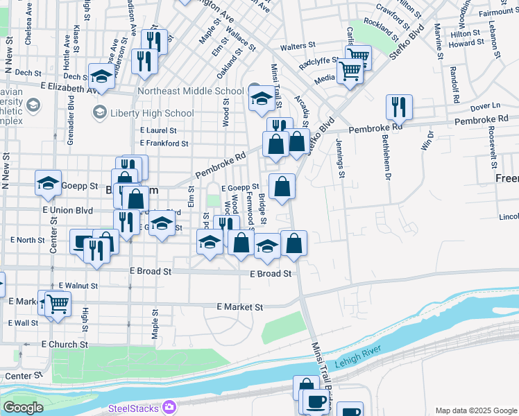 map of restaurants, bars, coffee shops, grocery stores, and more near 801 Bridge Street in Bethlehem