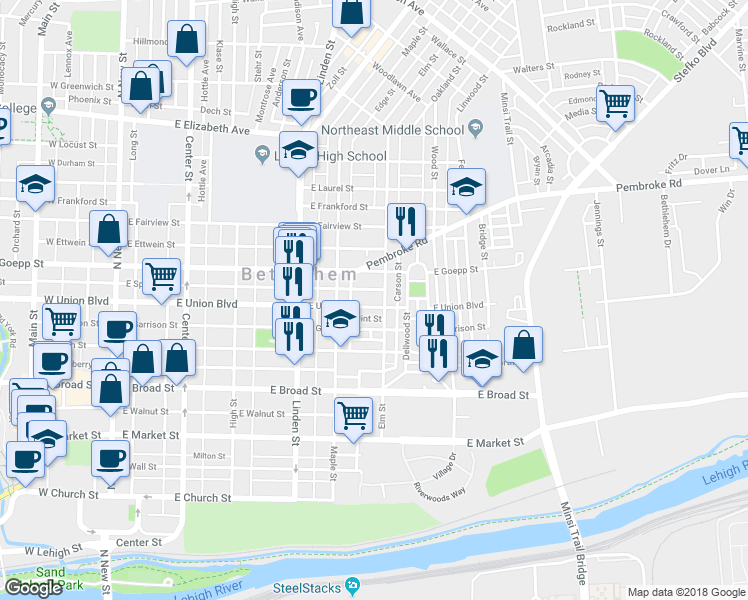 map of restaurants, bars, coffee shops, grocery stores, and more near 439 East Union Boulevard in Bethlehem