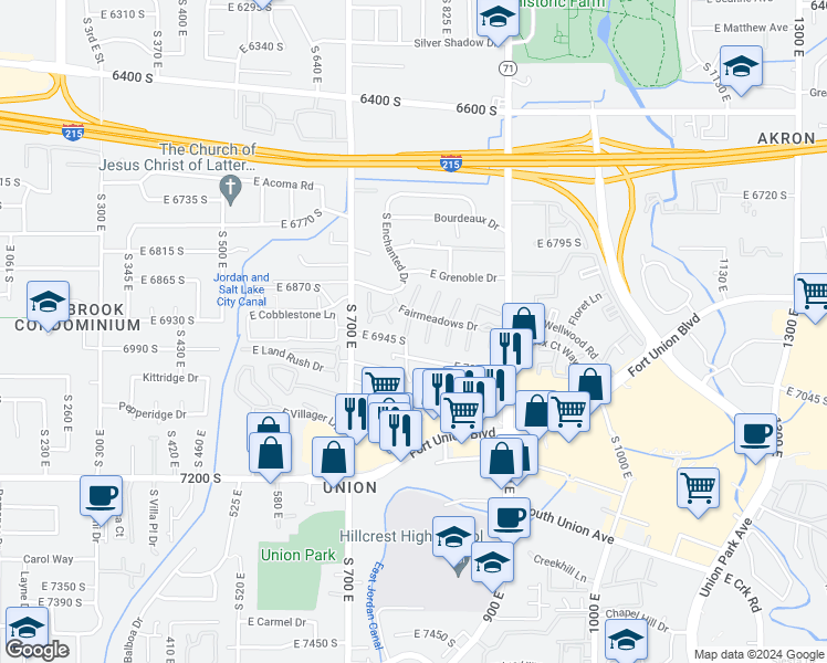 map of restaurants, bars, coffee shops, grocery stores, and more near 6939 South 775 East in Midvale