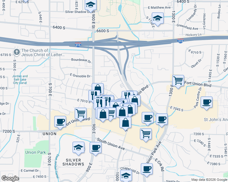 map of restaurants, bars, coffee shops, grocery stores, and more near 1027 Watercress Lane in Midvale