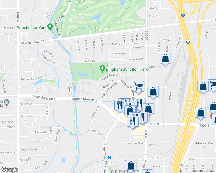 map of restaurants, bars, coffee shops, grocery stores, and more near 999 Village River Lane in Midvale