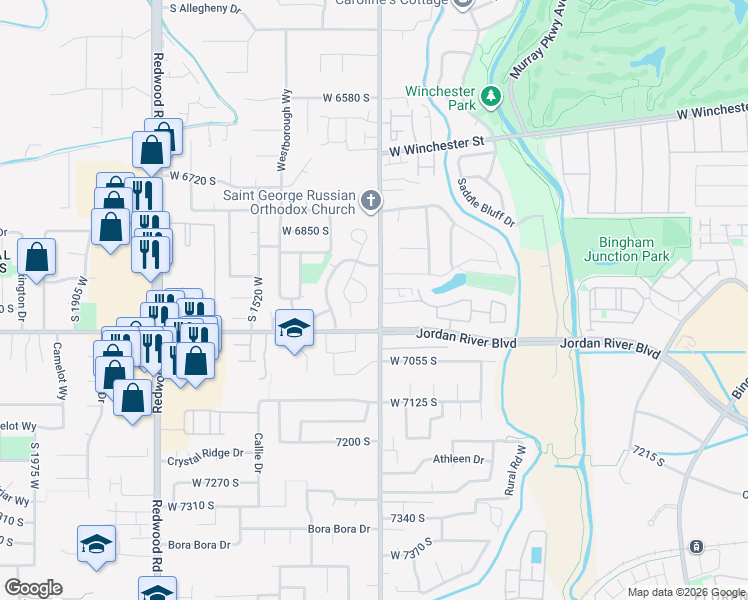 map of restaurants, bars, coffee shops, grocery stores, and more near 1326 7000 South in West Jordan