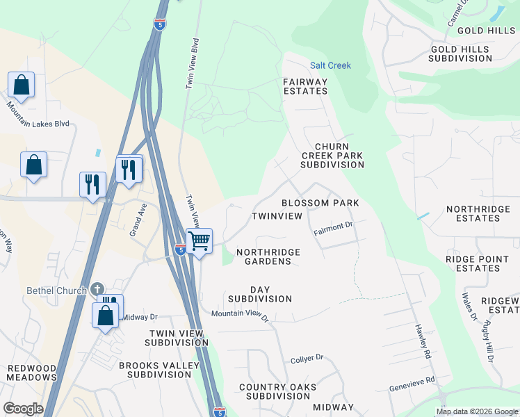 map of restaurants, bars, coffee shops, grocery stores, and more near 5700 Beaumont Drive in Redding