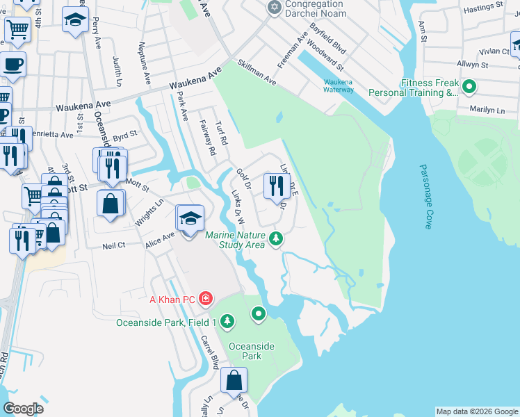 map of restaurants, bars, coffee shops, grocery stores, and more near 426 Golf Drive in Oceanside