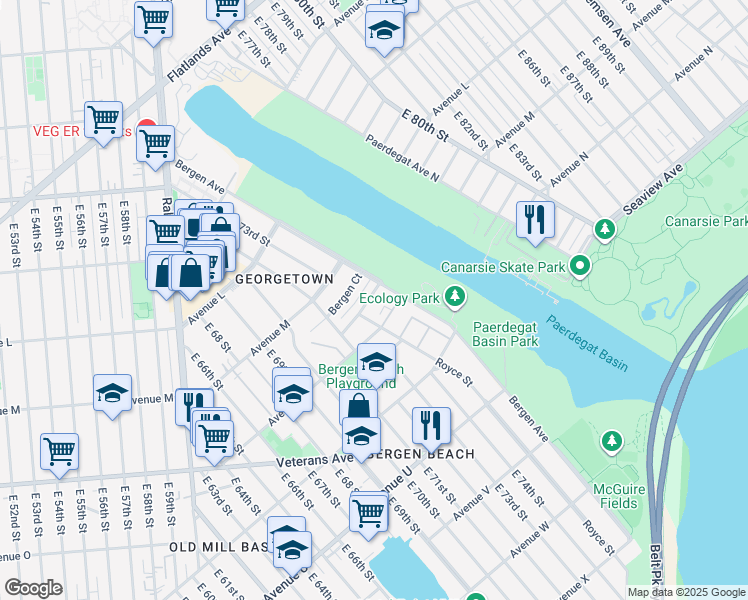map of restaurants, bars, coffee shops, grocery stores, and more near 1411 Royce Street in Brooklyn