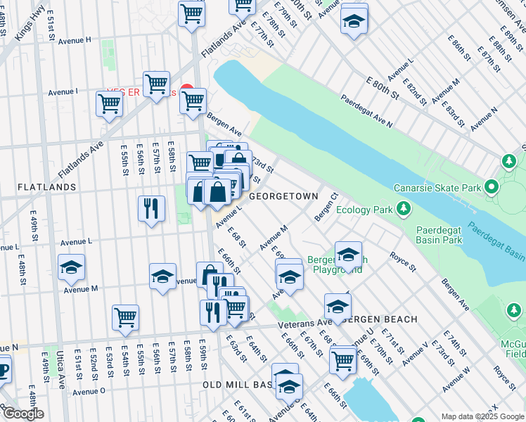 map of restaurants, bars, coffee shops, grocery stores, and more near 1266 East 70th Street in Brooklyn