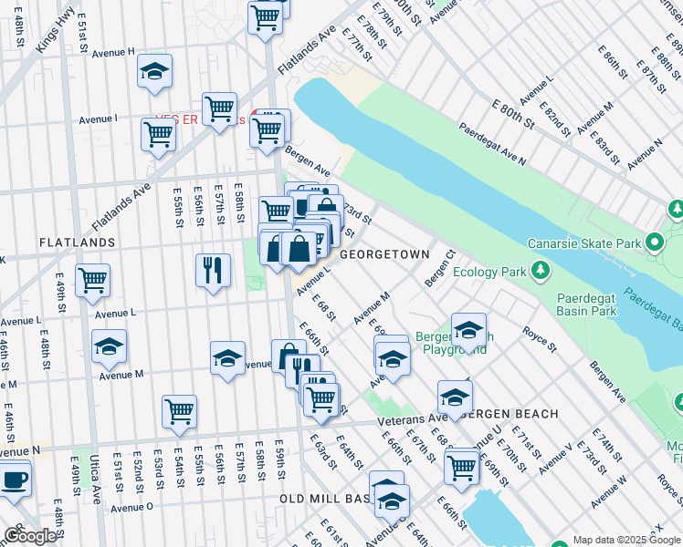 map of restaurants, bars, coffee shops, grocery stores, and more near 1234 East 69th Street in Brooklyn