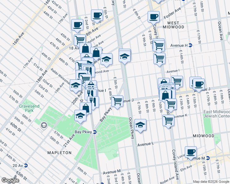 map of restaurants, bars, coffee shops, grocery stores, and more near 4707 Bay Parkway in Brooklyn