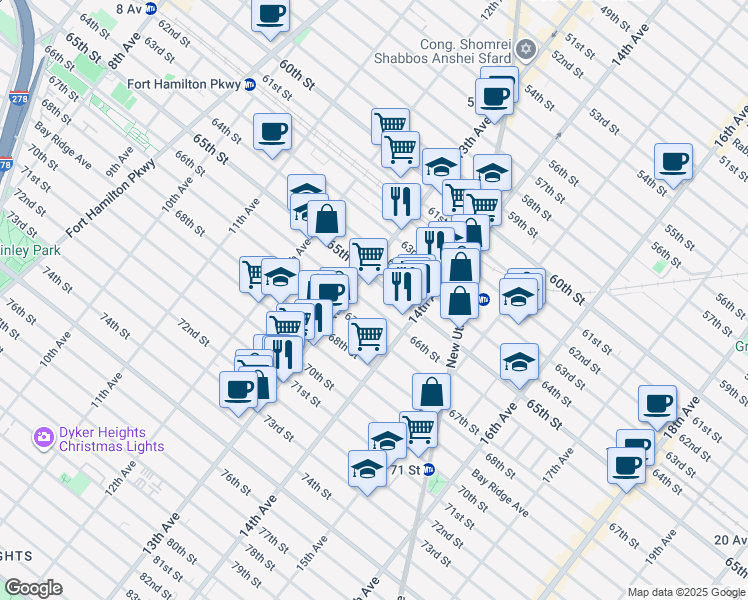 map of restaurants, bars, coffee shops, grocery stores, and more near 1350 66th Street in Brooklyn