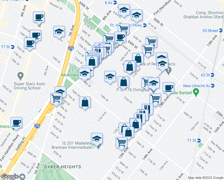 map of restaurants, bars, coffee shops, grocery stores, and more near 1056 73rd Street in Brooklyn