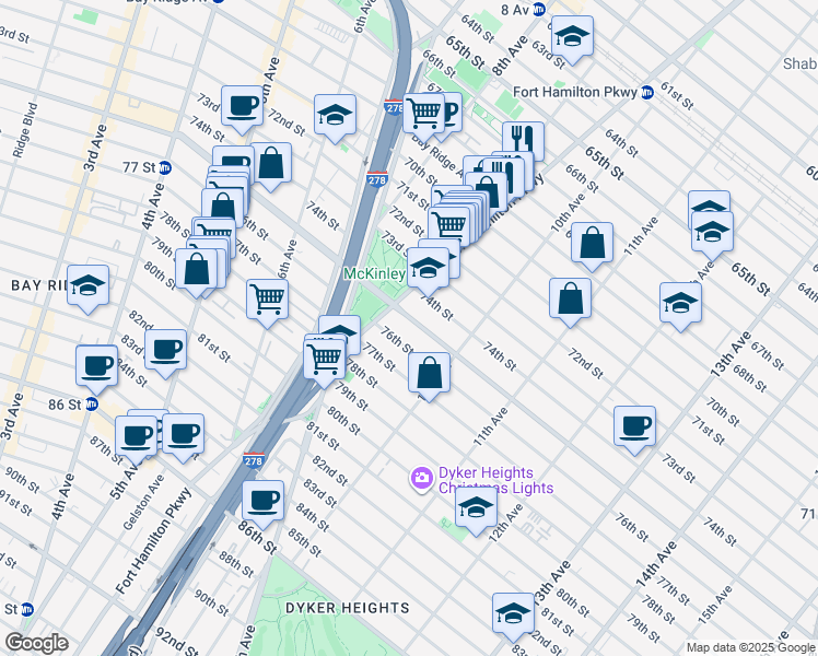 map of restaurants, bars, coffee shops, grocery stores, and more near 948 76th Street in Brooklyn