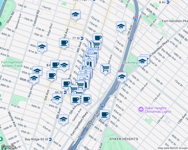map of restaurants, bars, coffee shops, grocery stores, and more near 533 81st Street in Brooklyn