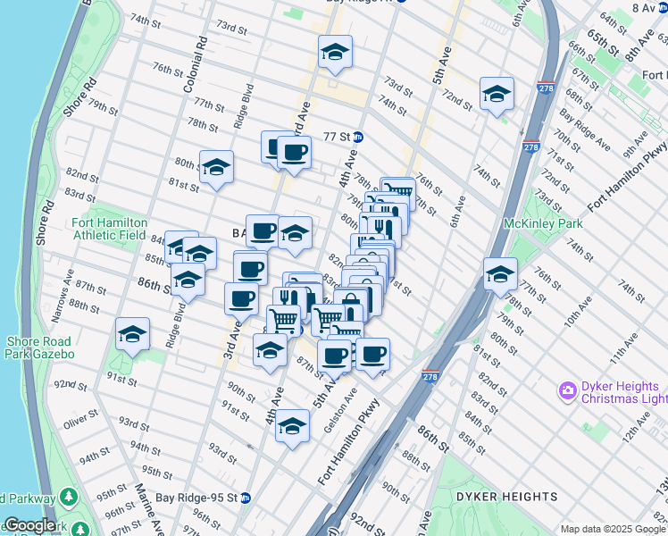 map of restaurants, bars, coffee shops, grocery stores, and more near 439 83rd Street in Brooklyn