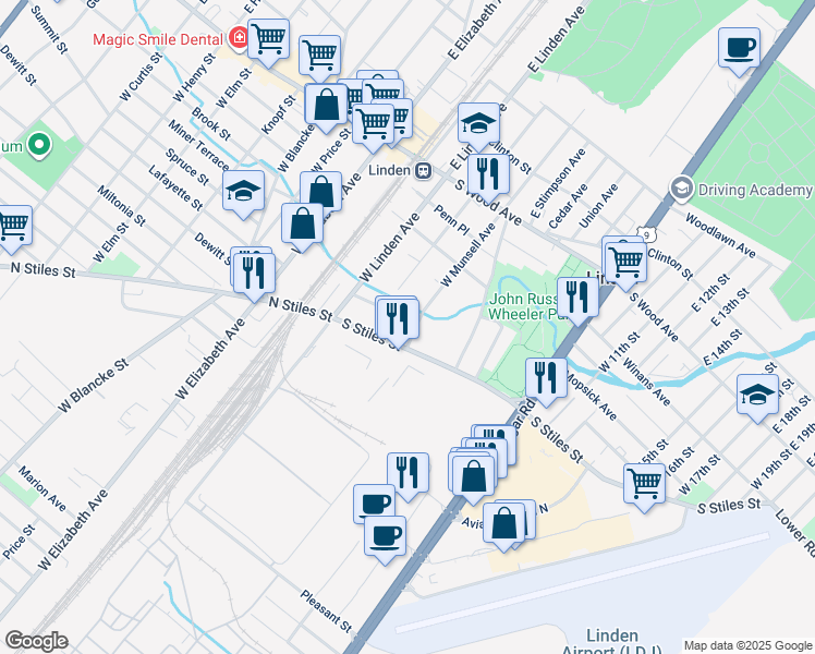 map of restaurants, bars, coffee shops, grocery stores, and more near 227 South Stiles Street in Linden