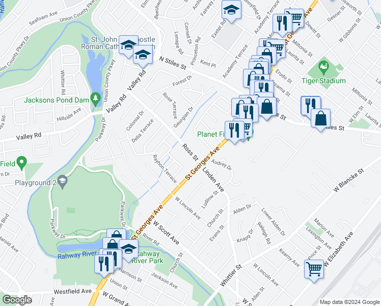 map of restaurants, bars, coffee shops, grocery stores, and more near 862 Ross Street in Rahway