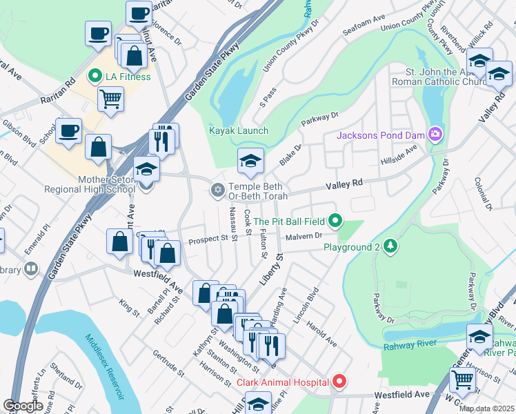 map of restaurants, bars, coffee shops, grocery stores, and more near 22 Cook Street in Clark