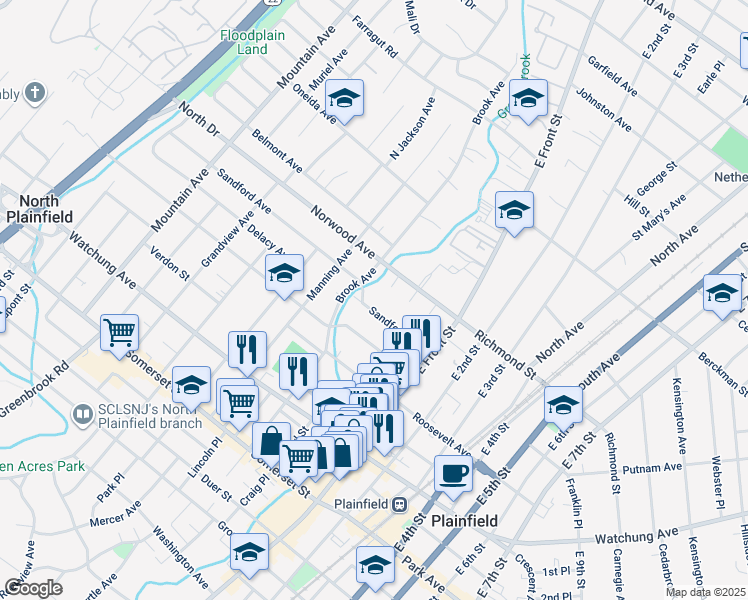 map of restaurants, bars, coffee shops, grocery stores, and more near 50 Sandford Avenue in Plainfield