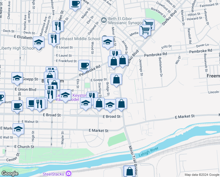 map of restaurants, bars, coffee shops, grocery stores, and more near 811 Stefko Boulevard in Bethlehem