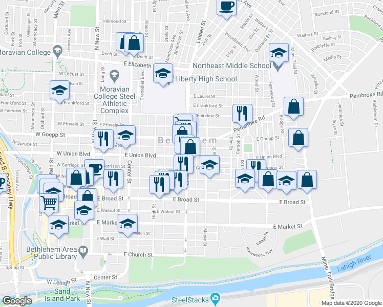 map of restaurants, bars, coffee shops, grocery stores, and more near 739 Linden Street in Bethlehem