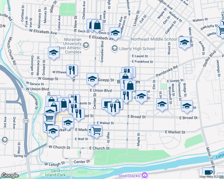 map of restaurants, bars, coffee shops, grocery stores, and more near 733 High Street in Bethlehem