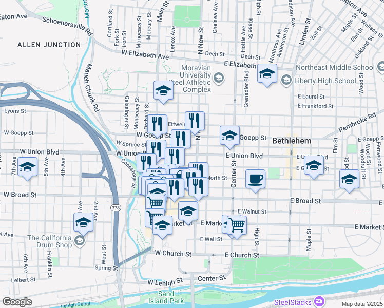 map of restaurants, bars, coffee shops, grocery stores, and more near 28 West Garrison Street in Bethlehem