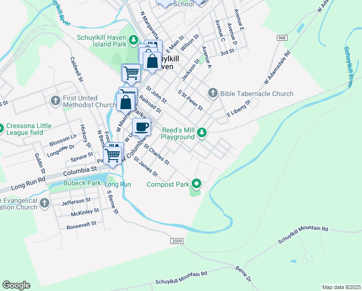 map of restaurants, bars, coffee shops, grocery stores, and more near in Schuylkill Haven