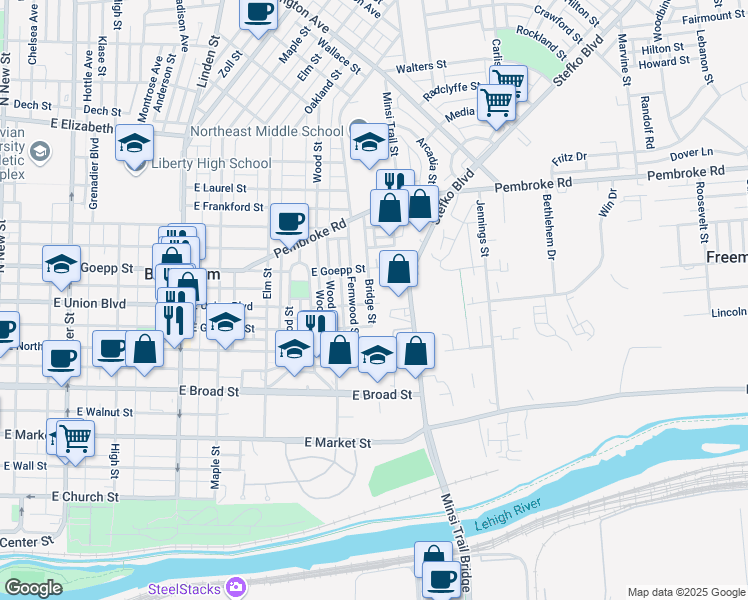 map of restaurants, bars, coffee shops, grocery stores, and more near 802 Bridge Street in Bethlehem