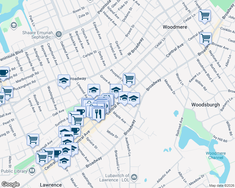 map of restaurants, bars, coffee shops, grocery stores, and more near 123 Grove Avenue in Cedarhurst