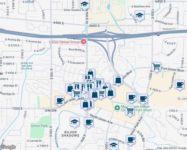 map of restaurants, bars, coffee shops, grocery stores, and more near 937 Essex Court Way in Midvale