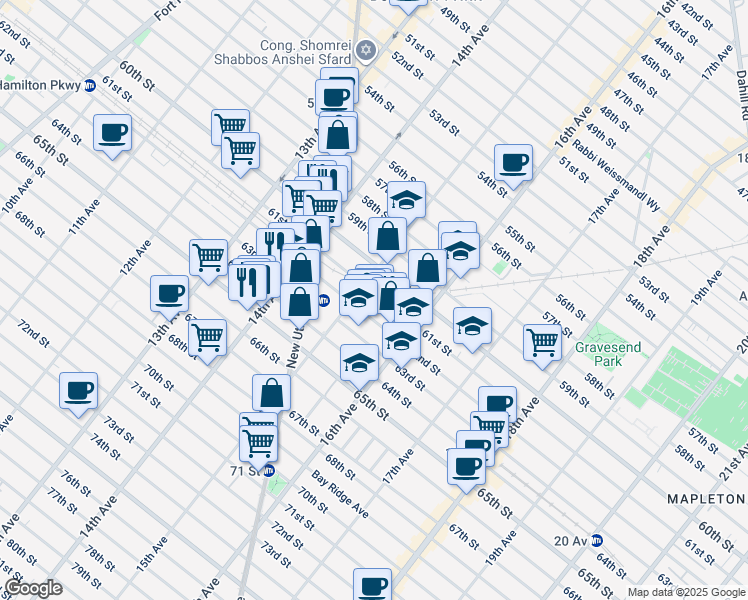 map of restaurants, bars, coffee shops, grocery stores, and more near 1522 61st Street in Brooklyn