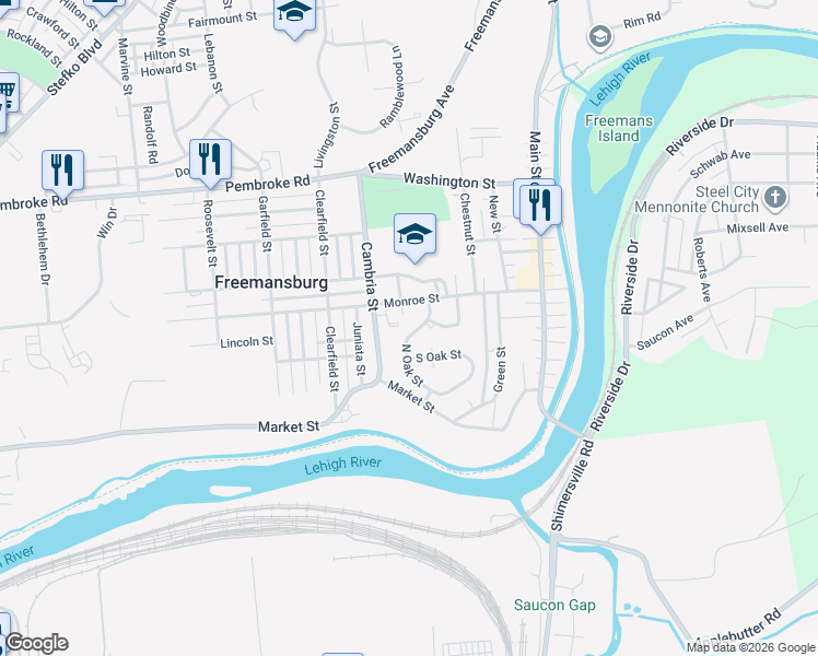 map of restaurants, bars, coffee shops, grocery stores, and more near 141 North Oak Street in Freemansburg